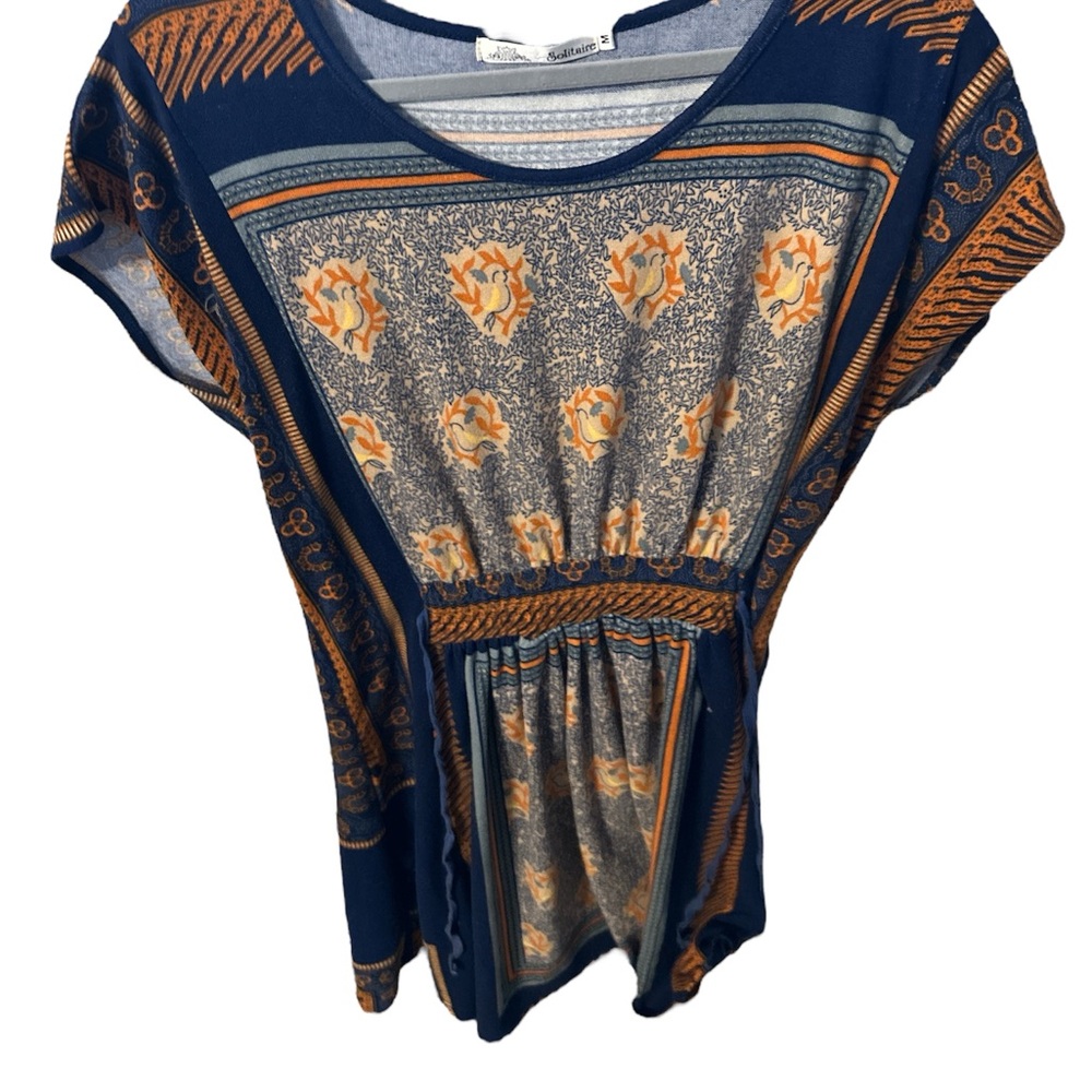 Solitaire navy and orange boho midi dress short sleeves ties on sides size med